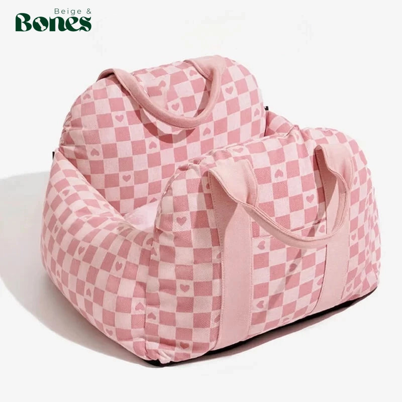 Checkered pink pet carrier