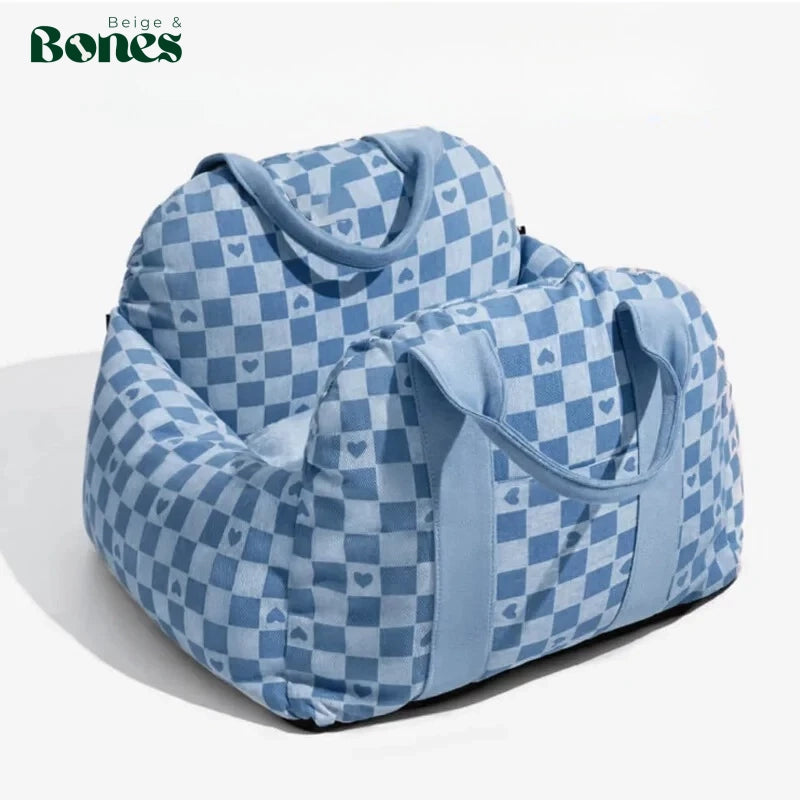 Checkered blue pet carrier